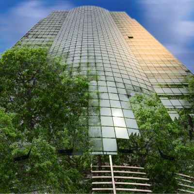 section j report showing a skyscraper surrounded with trees